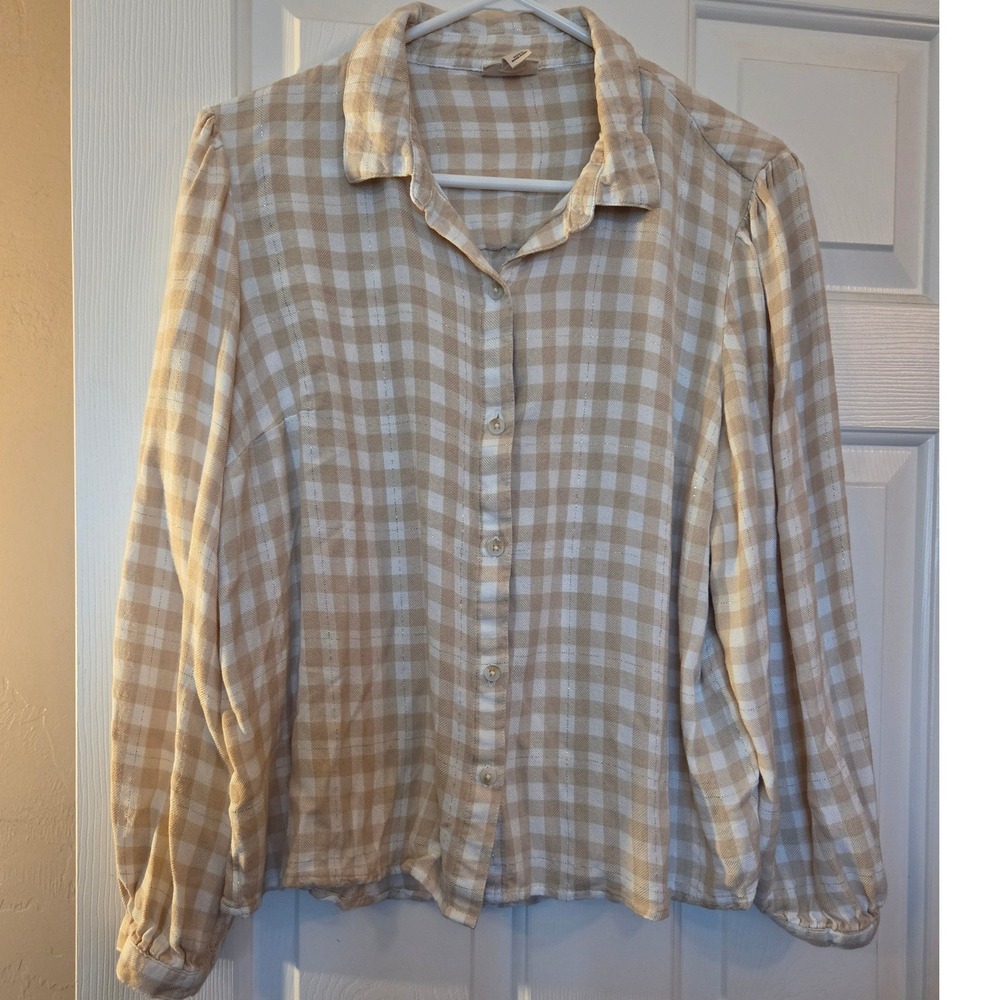 A.N.A. Tan Gingham Plaid Button Down Blouse‎ Gold Metallic Shimmer XL Womens